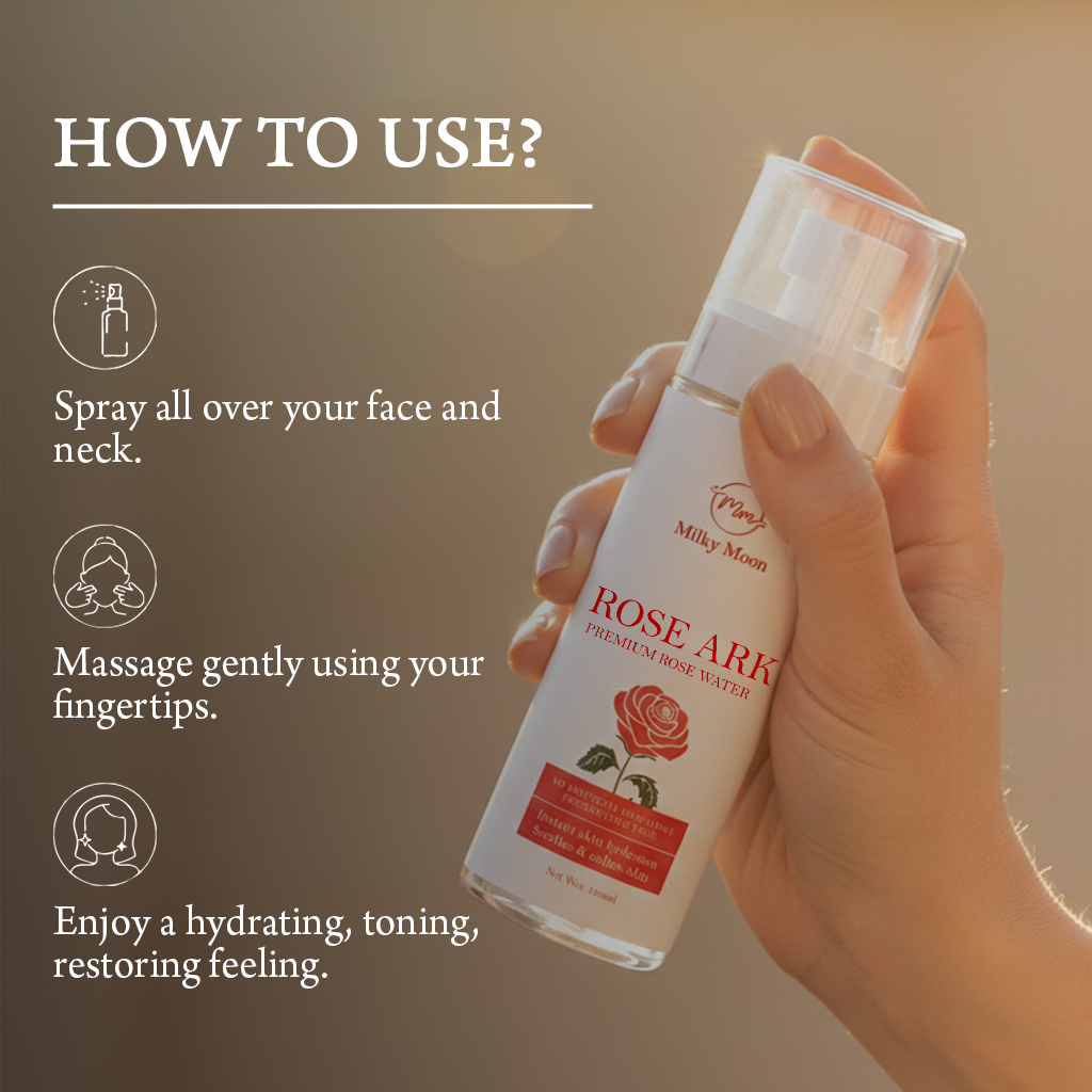 Milky Moon Rose Ark Premium Rose Water/Face Toner - 100ml | No Paraben | Alcohol Free | Cleanses, Hydrates & Moisturises Skin | Balances & Restores Skin's pH Levels | For All Skin Types