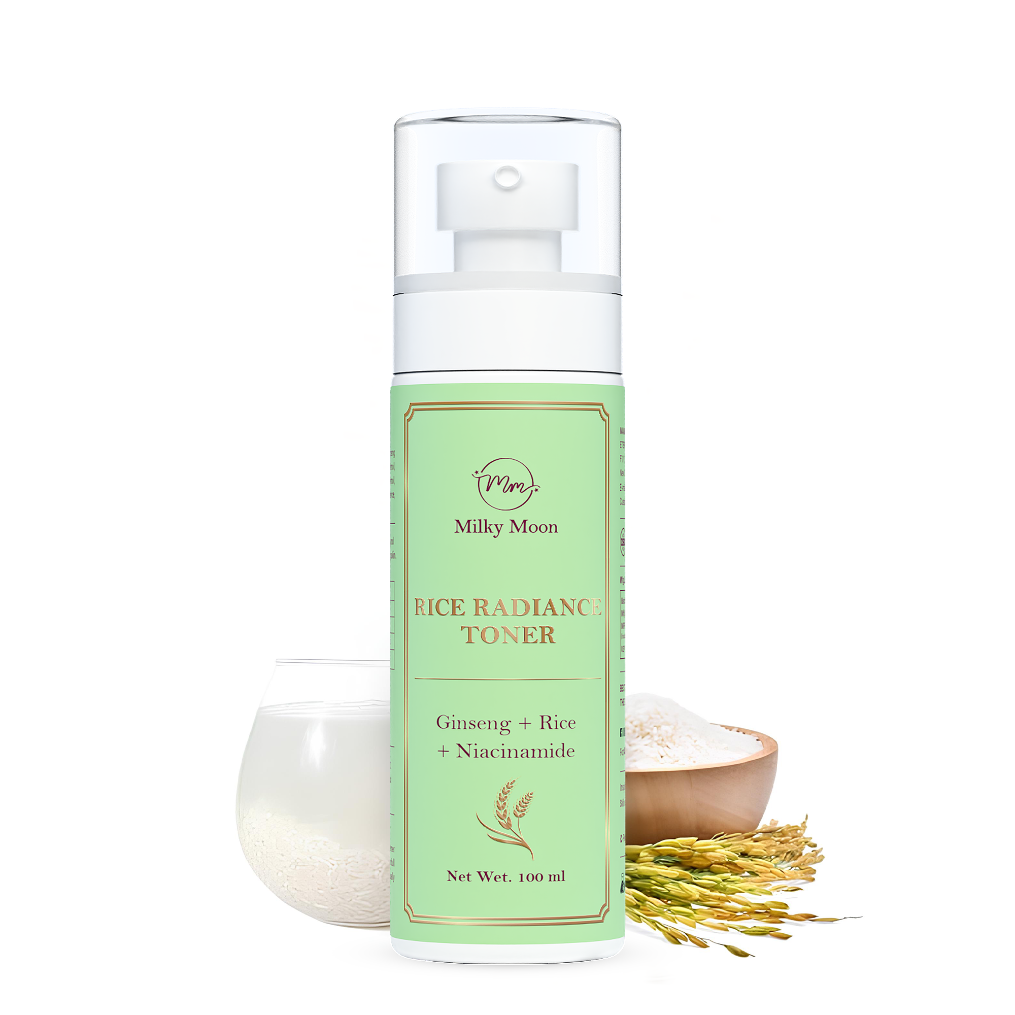 Milky Moon Rice Water Face Toner with Niacinamide, Ginseng 100 ml | Alcohol-Free Toner for Oily Acne Prone Dry Combination Skin | Pore Tightening & Glowing Skin | Fades Blemishes, Brightens & Smoothens for Women & Men