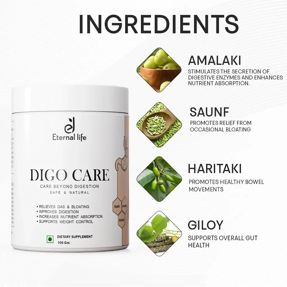 Digo Care Natural Digestion Powder - Herbal Digestive Health Supplement for Relief & Comfort (100)