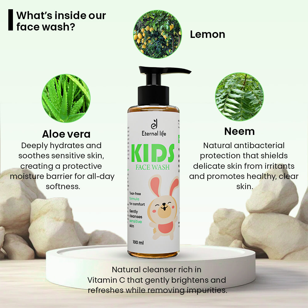 Eternal Life Kids Face Wash | Tear-Free Gentle Cleanser with Neem, Aloe Vera & Lemon | For Sensitive Kids Skin | 100ml