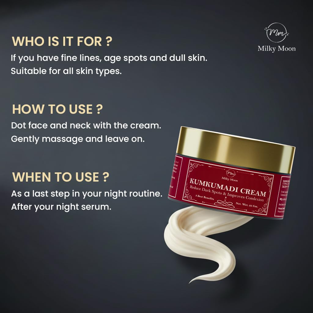 Milky Moon Kumkumadi Cream for Pigmentation & Wrinkles Night Cream 25g | Reduces Dark circles, Dark Spots & Melasma | glowing skin Tone & Enhances Radiance | Sulfate & Paraben Free