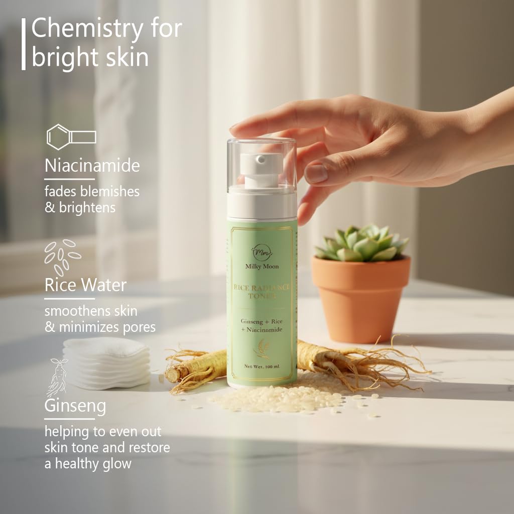 Milky Moon Rice Water Face Toner with Niacinamide, Ginseng 100 ml | Alcohol-Free Toner for Oily Acne Prone Dry Combination Skin | Pore Tightening & Glowing Skin | Fades Blemishes, Brightens & Smoothens for Women & Men