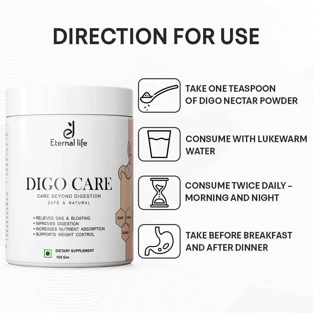 Digo Care Natural Digestion Powder - Herbal Digestive Health Supplement for Relief & Comfort (100)