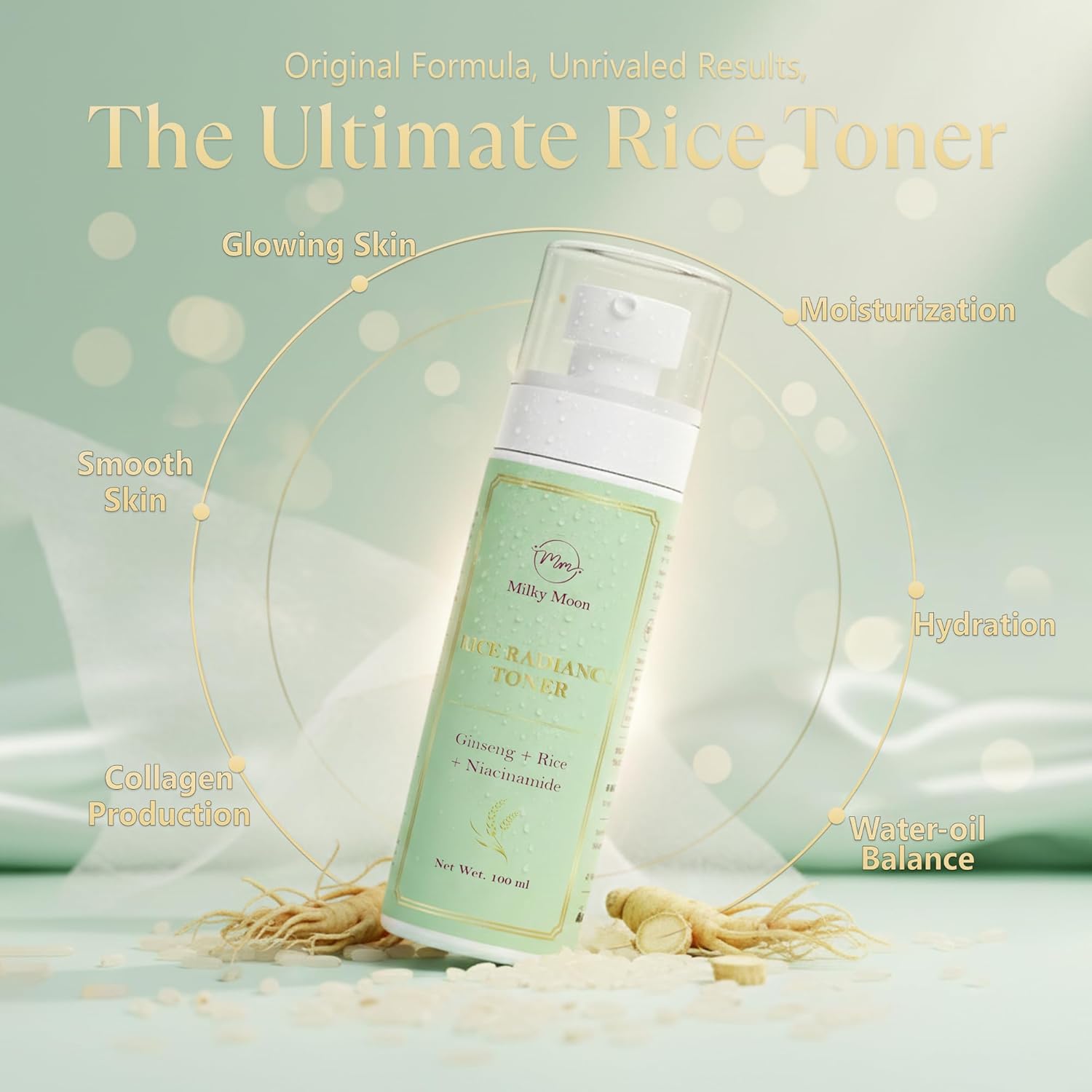 Milky Moon Rice Water Face Toner with Niacinamide, Ginseng 100 ml | Alcohol-Free Toner for Oily Acne Prone Dry Combination Skin | Pore Tightening & Glowing Skin | Fades Blemishes, Brightens & Smoothens for Women & Men